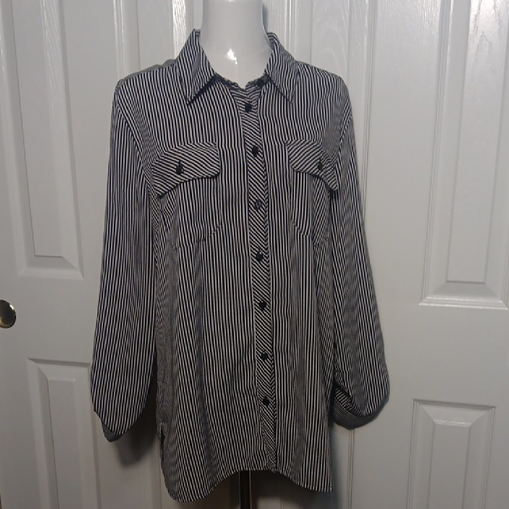 Notations Black and White Striped Blouse With Functional Breast Pockets